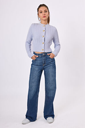 Peraluna Scarlett Saç Örgülü Krop Kesim Kadın Triko Hırka - Bebe Mavi