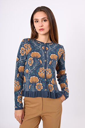 Peraluna Felicity Çiçek Jakarlı  Kadın Triko Hırka - İndigo Multi