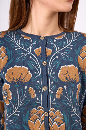 Peraluna Felicity Çiçek Jakarlı  Kadın Triko Hırka - İndigo Multi