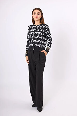 Peraluna Thelma Yaprak Jakarlı Kadın Triko Hirka - Siyah/Ekru