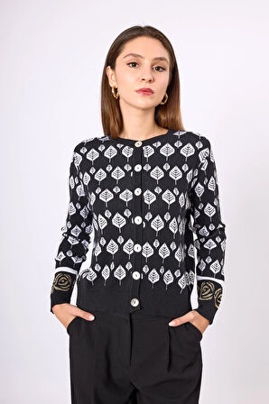 Peraluna Thelma Yaprak Jakarlı Kadın Triko Hirka - Siyah/Ekru