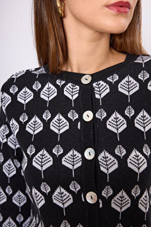 Peraluna Thelma Yaprak Jakarlı Kadın Triko Hirka - Siyah/Ekru