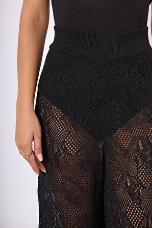 Peraluna EMMA TROUSER Dantel Desen Örgülü Geniş Midi Boy Kadın Triko Pantolon - Siyah