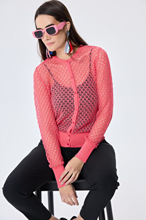 Peraluna Addison Ajur Örgülü Kadın Triko Hırka - KORAL