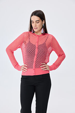 Peraluna Addison Ajur Örgülü Kadın Triko Hırka - KORAL