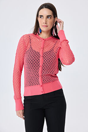 Peraluna Addison Ajur Örgülü Kadın Triko Hırka - KORAL