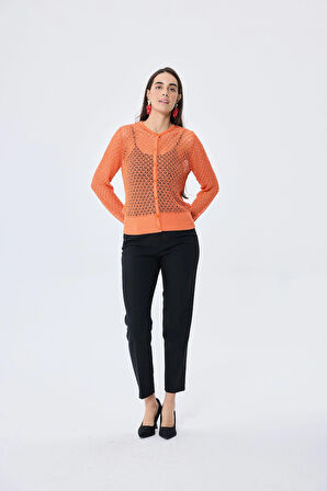 Peraluna Addison Ajur Örgülü Kadın Triko Hırka - TURUNCU