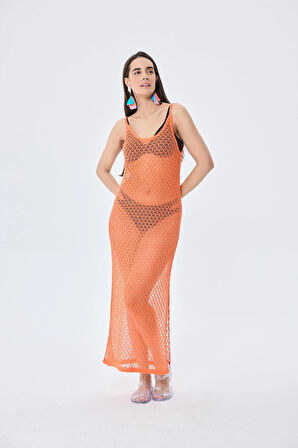 Peraluna Angel, Ajurlu, Kadın Uzun Triko Plaj Elbisesi - TURUNCU