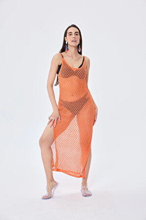 Peraluna Angel, Ajurlu, Kadın Uzun Triko Plaj Elbisesi - TURUNCU