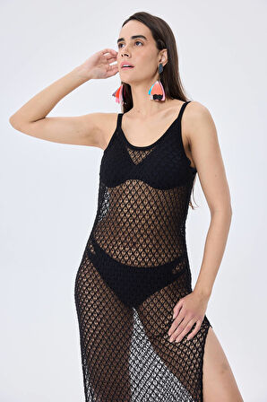 Peraluna Angel, Ajurlu, Kadın Uzun Triko Plaj Elbisesi - SİYAH