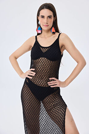 Peraluna Angel, Ajurlu, Kadın Uzun Triko Plaj Elbisesi - SİYAH