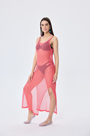 Peraluna Angel, Ajurlu, Kadın Uzun Triko Plaj Elbisesi - KORAL