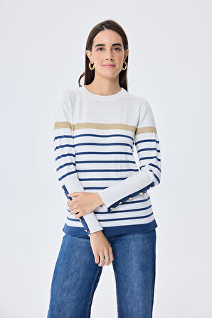 PERALUNA Dreamer Çizgili, Kadın Triko Kazak - EKRU ÇİZGİLİ