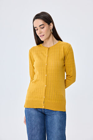 Peraluna Celine, Ajur Örgülü Kadın Triko Hırka - HARDAL