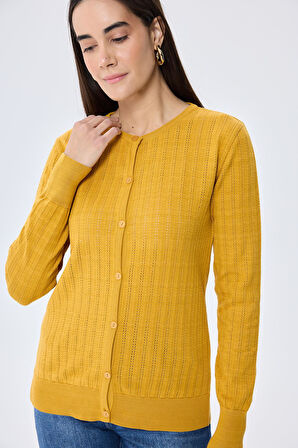 Peraluna Celine, Ajur Örgülü Kadın Triko Hırka - HARDAL