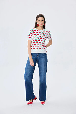 Peraluna Alice's Cherry, Kiraz Desenli Kadın Triko Yazlık Bluz  - EKRU MULTİ