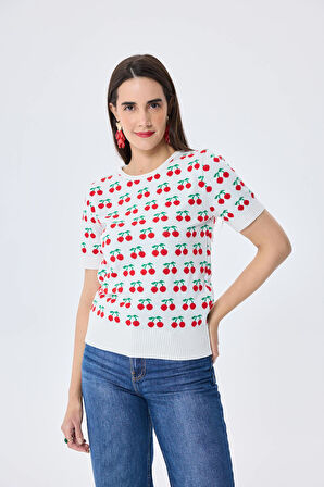 Peraluna Alice's Cherry, Kiraz Desenli Kadın Triko Yazlık Bluz  - EKRU MULTİ