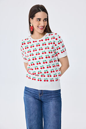 Peraluna Alice's Cherry, Kiraz Desenli Kadın Triko Yazlık Bluz  - EKRU MULTİ