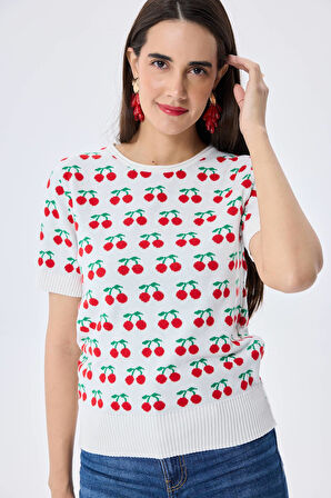 Peraluna Alice's Cherry, Kiraz Desenli Kadın Triko Yazlık Bluz  - EKRU MULTİ