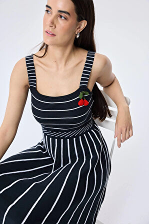 Peraluna Freya, Çizgili Yazlık Triko Kadın Elbise  - ANTRASIT