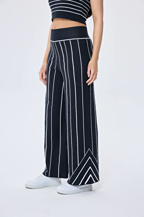 Peraluna Finley Dikine Çizgili Pamuklu Yazlık Kadın Triko Pantolon - SİYAH-BEYAZ ÇİZGİLİ