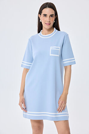 Peraluna Ingrid, Çizgi Detaylı Mini Yazlık Triko Elbise - AÇIK MAVİ