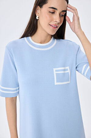 Peraluna Ingrid, Çizgi Detaylı Mini Yazlık Triko Elbise - AÇIK MAVİ