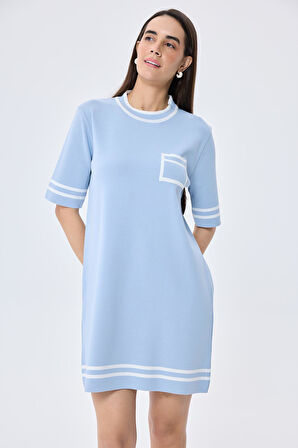 Peraluna Ingrid, Çizgi Detaylı Mini Yazlık Triko Elbise - AÇIK MAVİ