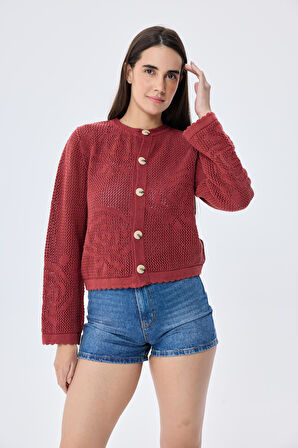 Peraluna Helena,  Kroşe Örgü, Kadın Yazlık Triko Hırka - KİREMİT