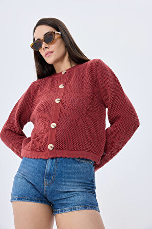 Peraluna Helena,  Kroşe Örgü, Kadın Yazlık Triko Hırka - KİREMİT