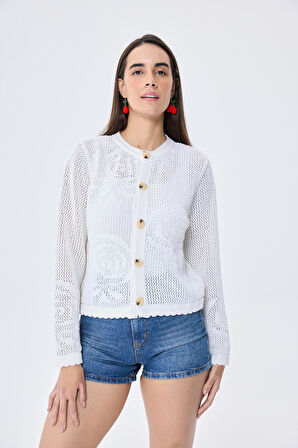 Peraluna Helena,  Kroşe Örgü, Kadın Yazlık Triko Hırka - KREM