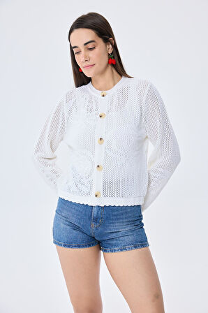 Peraluna Helena,  Kroşe Örgü, Kadın Yazlık Triko Hırka - KREM