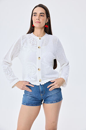 Peraluna Helena,  Kroşe Örgü, Kadın Yazlık Triko Hırka - KREM