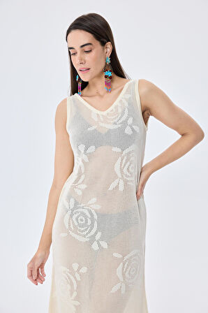 Peraluna Honeymoon, Ajurlu, Kadın Uzun Triko Plaj Elbisesi - KREM