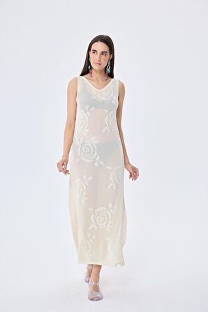 Peraluna Honeymoon, Ajurlu, Kadın Uzun Triko Plaj Elbisesi - KREM
