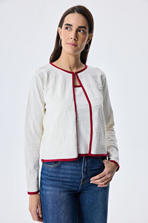 Peraluna Desert Palm, Palmiye Desenli, Kadın Yazlık Triko Hırka - Ekru