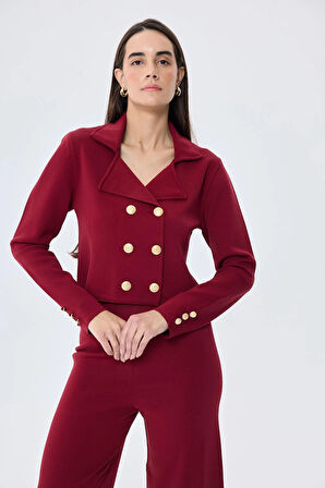 Styleboom X Peraluna KATHY BLAZER Çelik Örgü Crop Kruvaze Blazer Kadın Triko Ceket - Bordo