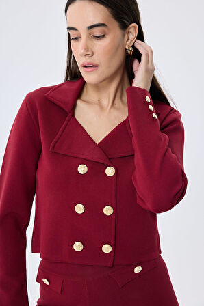 Styleboom X Peraluna KATHY BLAZER Çelik Örgü Crop Kruvaze Blazer Kadın Triko Ceket - Bordo