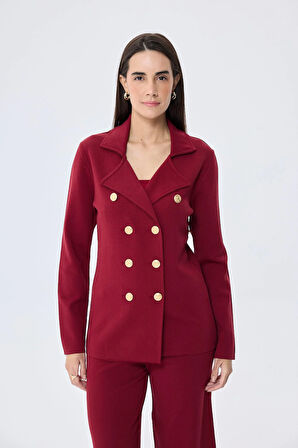 Styleboom X Peraluna KATHERINE BLAZER Çelik Örgü Klasik Kesim Düğmeli Blazer Kadın Triko Ceket - Bordo
