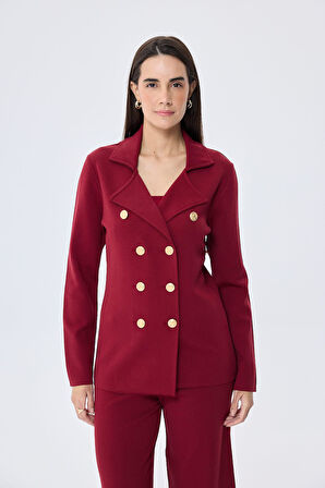 Styleboom X Peraluna KATHERINE BLAZER Çelik Örgü Klasik Kesim Düğmeli Blazer Kadın Triko Ceket - Bordo