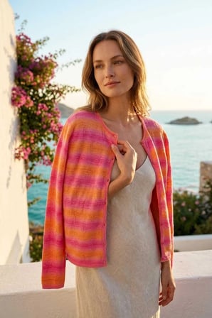 Peraluna Sunset Bloom Hırka, Kadın Yazlık Ince Triko Hırka - Pembe Turuncu Multi