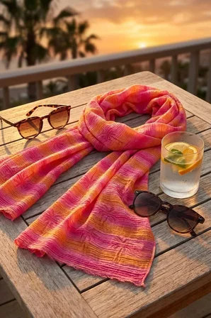Peraluna Sunset Bloom Fular, Renk Geçişli İnce Fular - Pembe Turuncu Multi