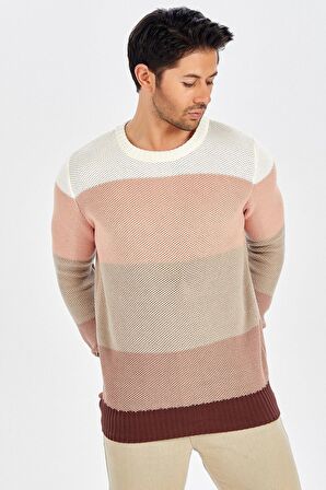 Peraluna Kahve Rengi Geçişli Bisiklet Yaka Erkek Triko Kazak