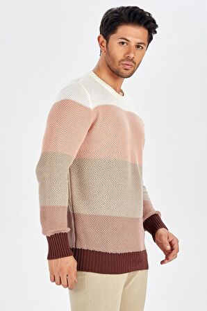 Peraluna Kahve Rengi Geçişli Bisiklet Yaka Erkek Triko Kazak