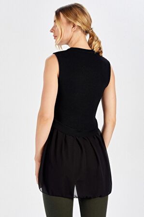Peraluna Arkası Şifonlu Önü Kısa Siyah Kadın Triko Bluz