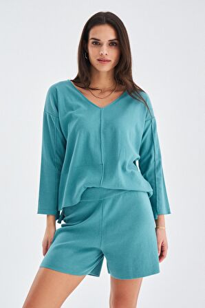 Peraluna %100 Pamuk Turkuaz Kadın Şort