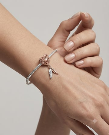 Kadın Gümüş Pandora Bileklik Uyumlu Rose Kalpli Rüya Kapanı Charm
