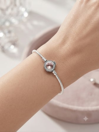 Kadın Gümüş Pandora Bileklik Uyumlu Taşlı Pembe Renk Detay Charm