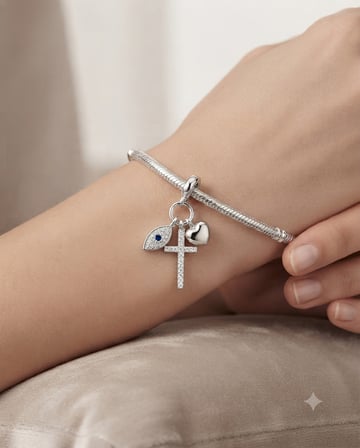 Kadın Taşlı Haç ve Göz Model Gümüş Charm