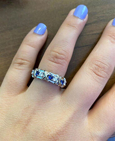 Kadın Mavi Taş Detay Şık Gümüş Yüzük